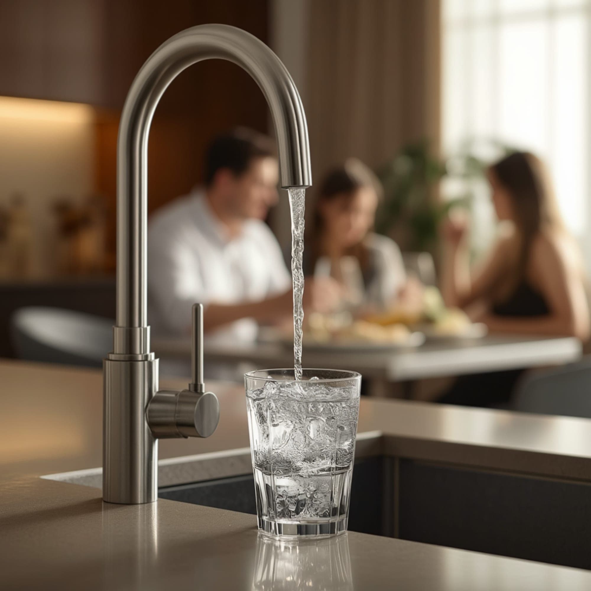 Treated drinking water pouring from a dedicated chrome kitchen tap into a glass, family in soft focus at the dining table behind