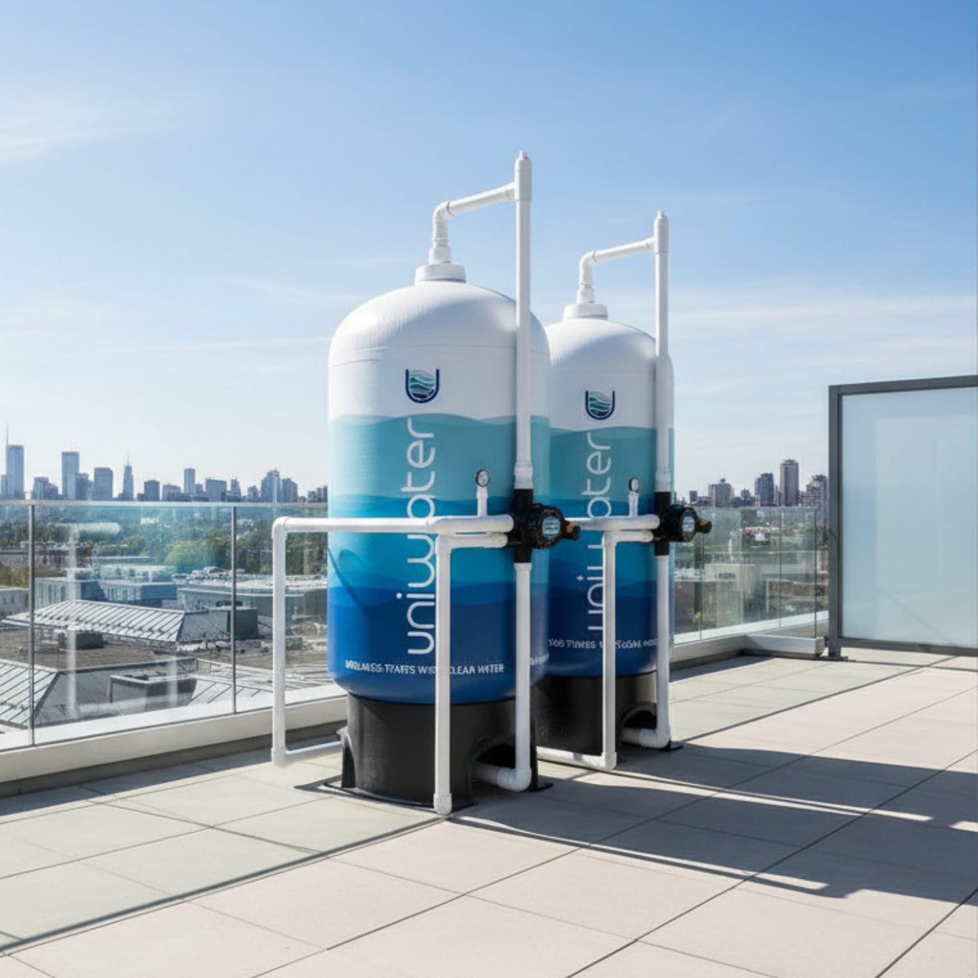 Industrial water treatment plant on a terrace with stainless vessels and SCADA-ready instrumentation