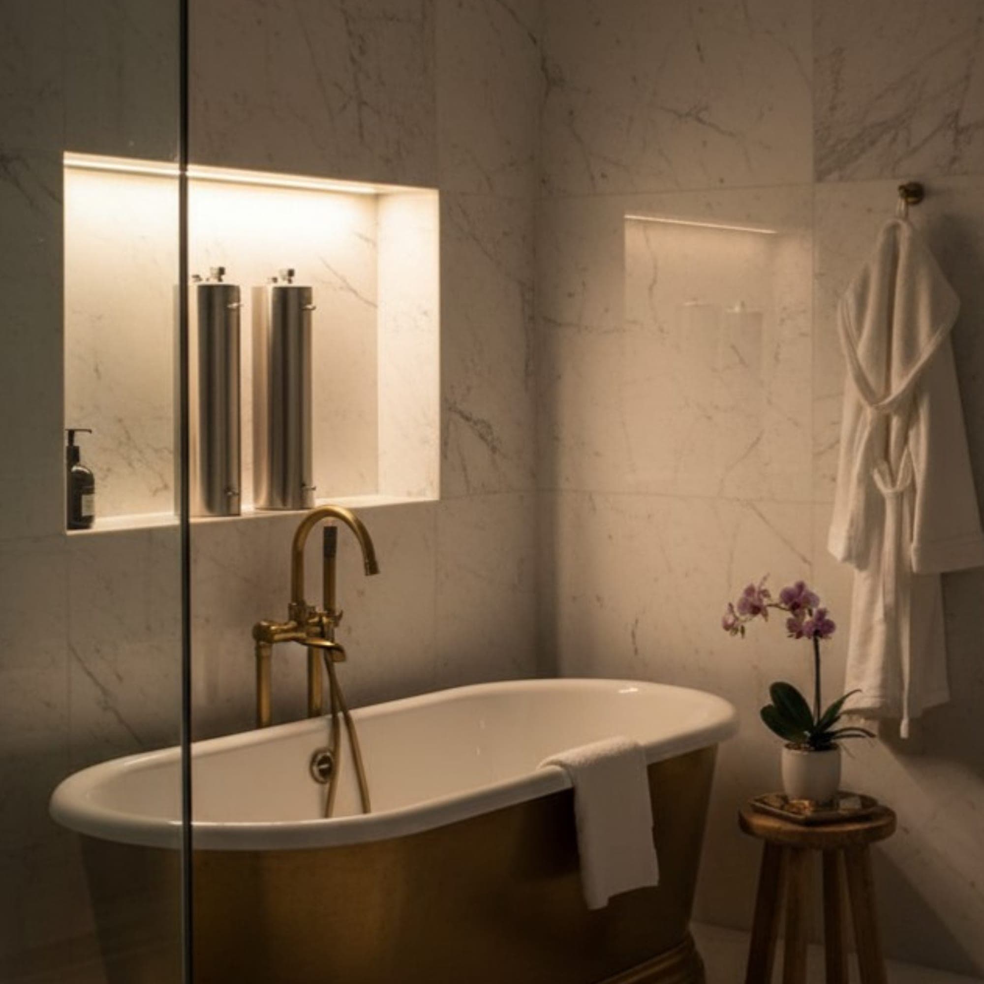 Uniwater BathSoft installed in a marble luxury bathroom — two stainless cylinders recessed in a backlit wall niche behind the glass shower partition, brass freestanding bathtub in the foreground