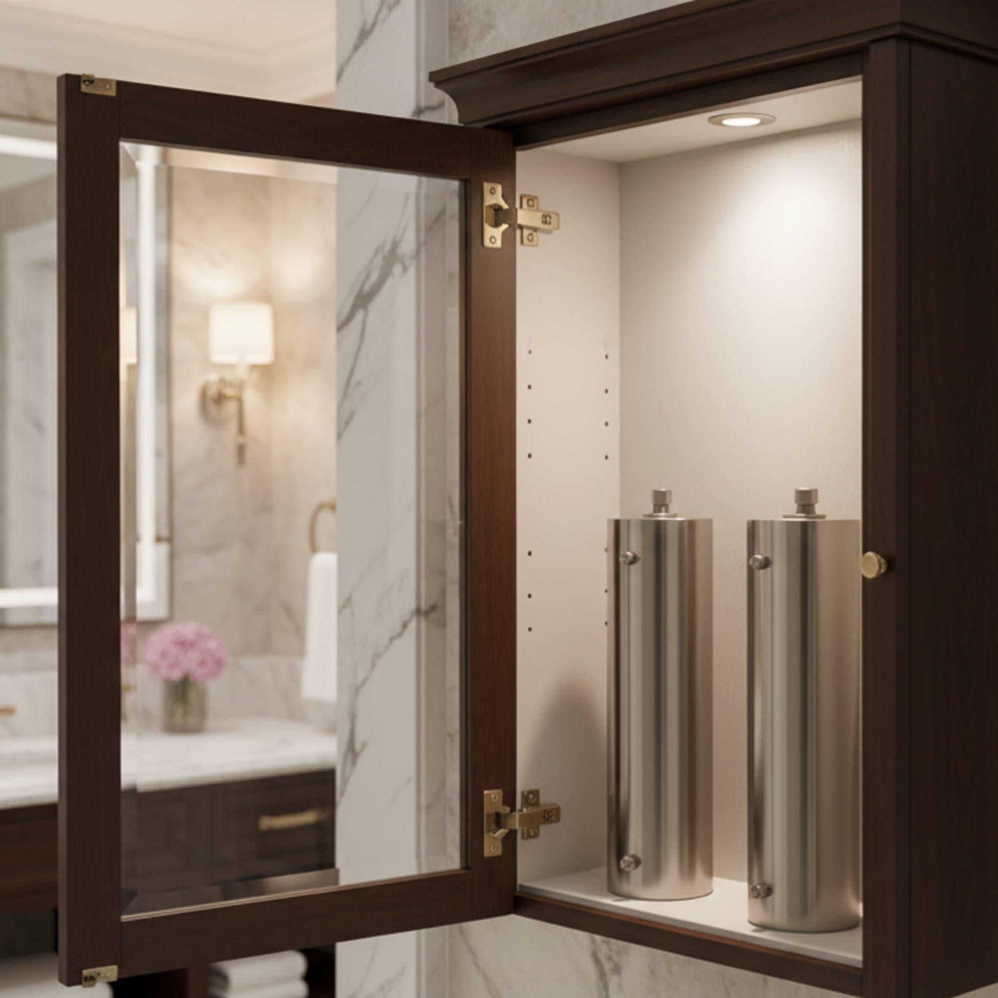 Stainless vessel housed inside a wall cabinet behind a finish door, flush with the bathroom wall