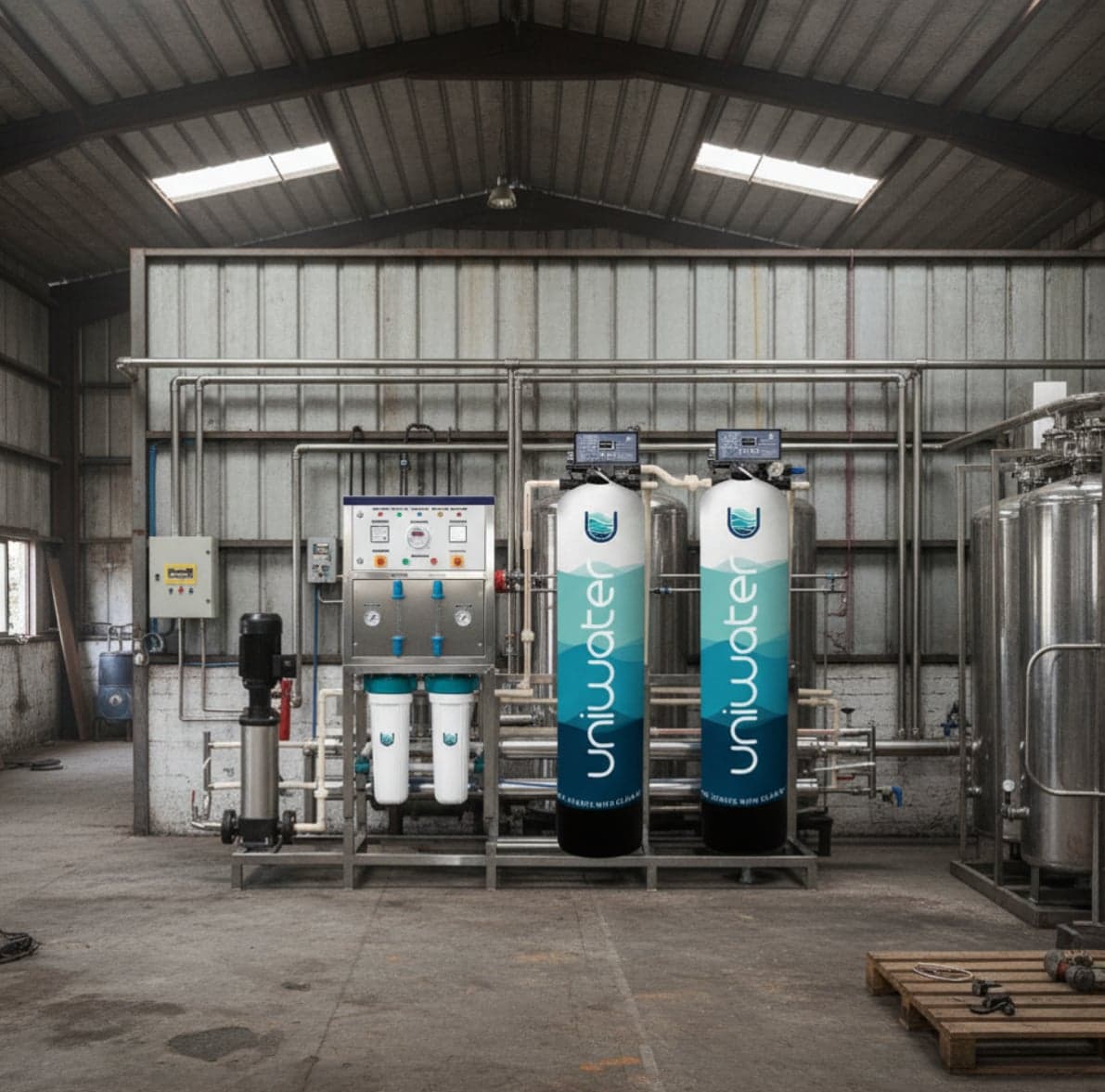 A Uniwater commercial RO and softening plant in an industrial shed at a teaching hospital