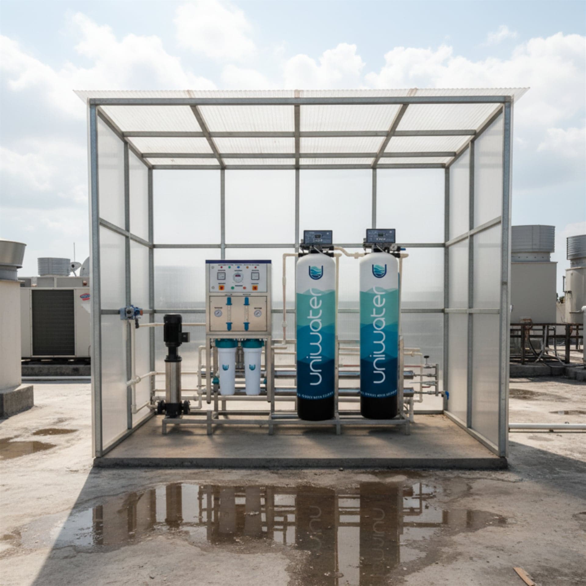 A Uniwater commercial RO plant installed in a rooftop enclosure at a hospital facility