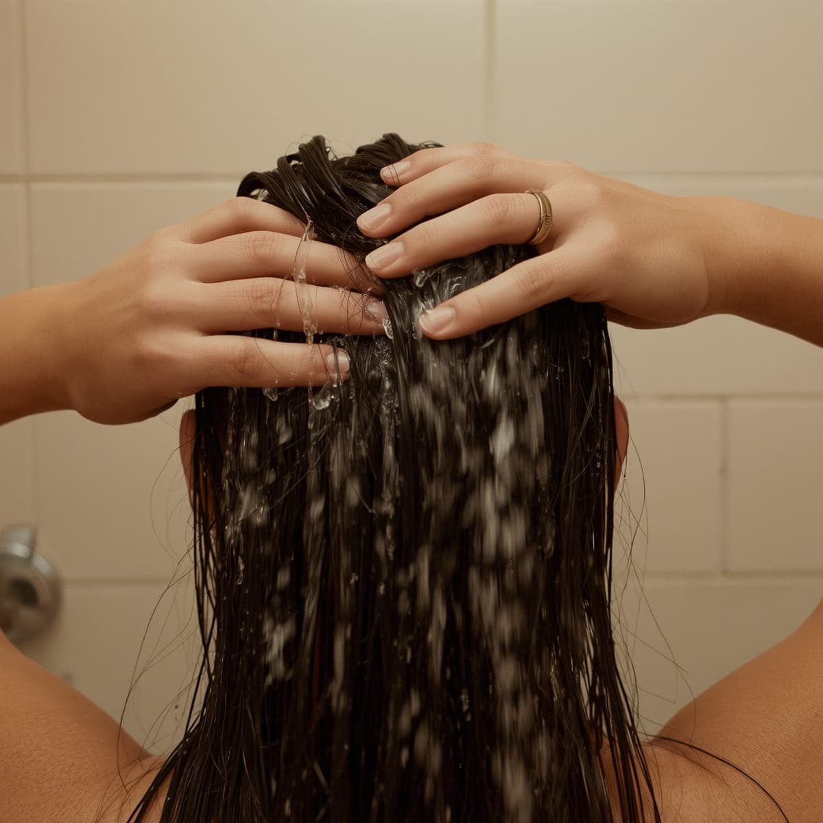 A woman in the shower with her hands running through wet hair — the daily moment hard water shows up