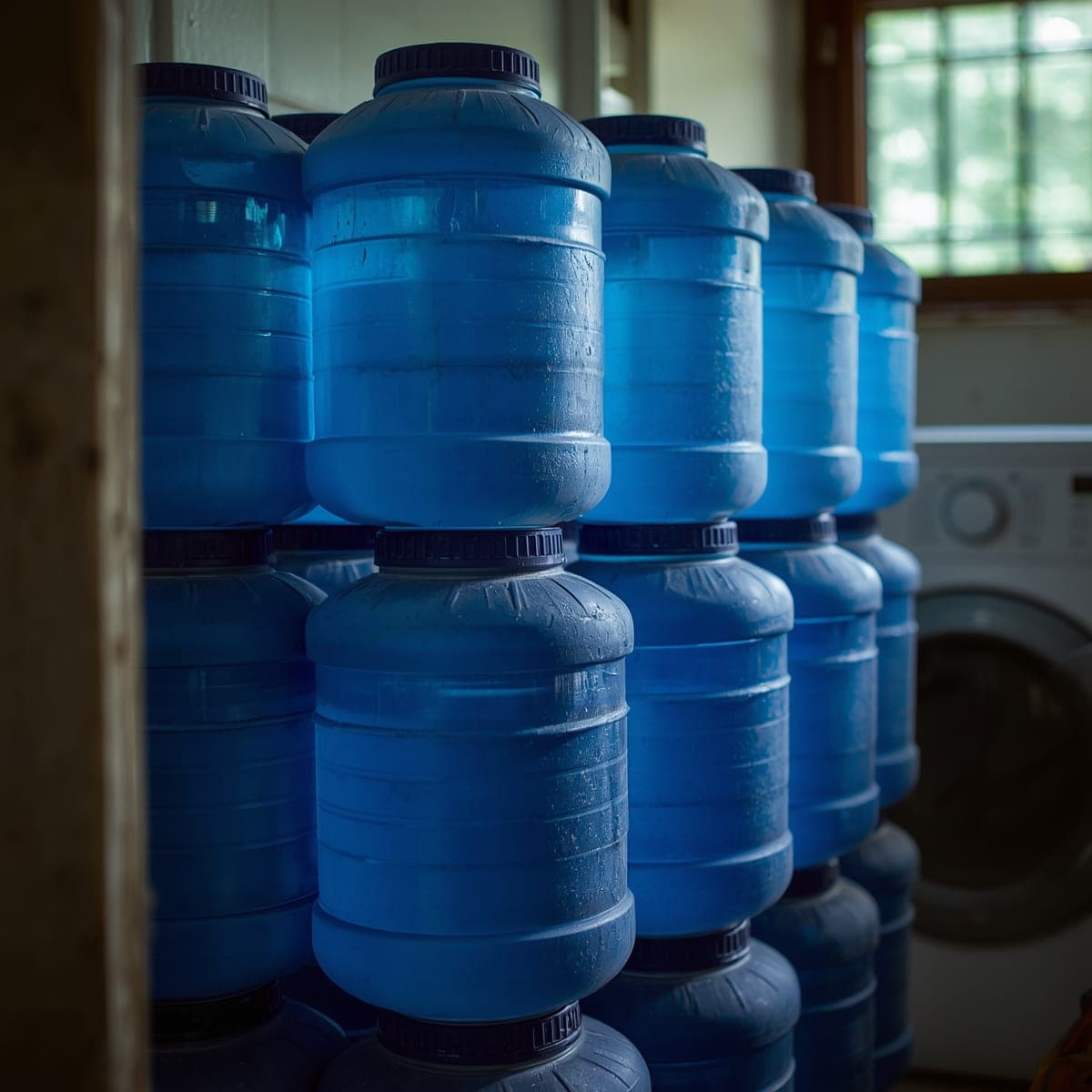 Stacks of blue 20-litre water jars in the utility area beside the washing machine — the ongoing cost of bottled drinking water