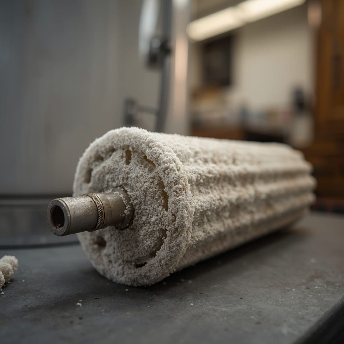 Close-up of a geyser heating element completely coated in thick white calcium scale after years on untreated hard water