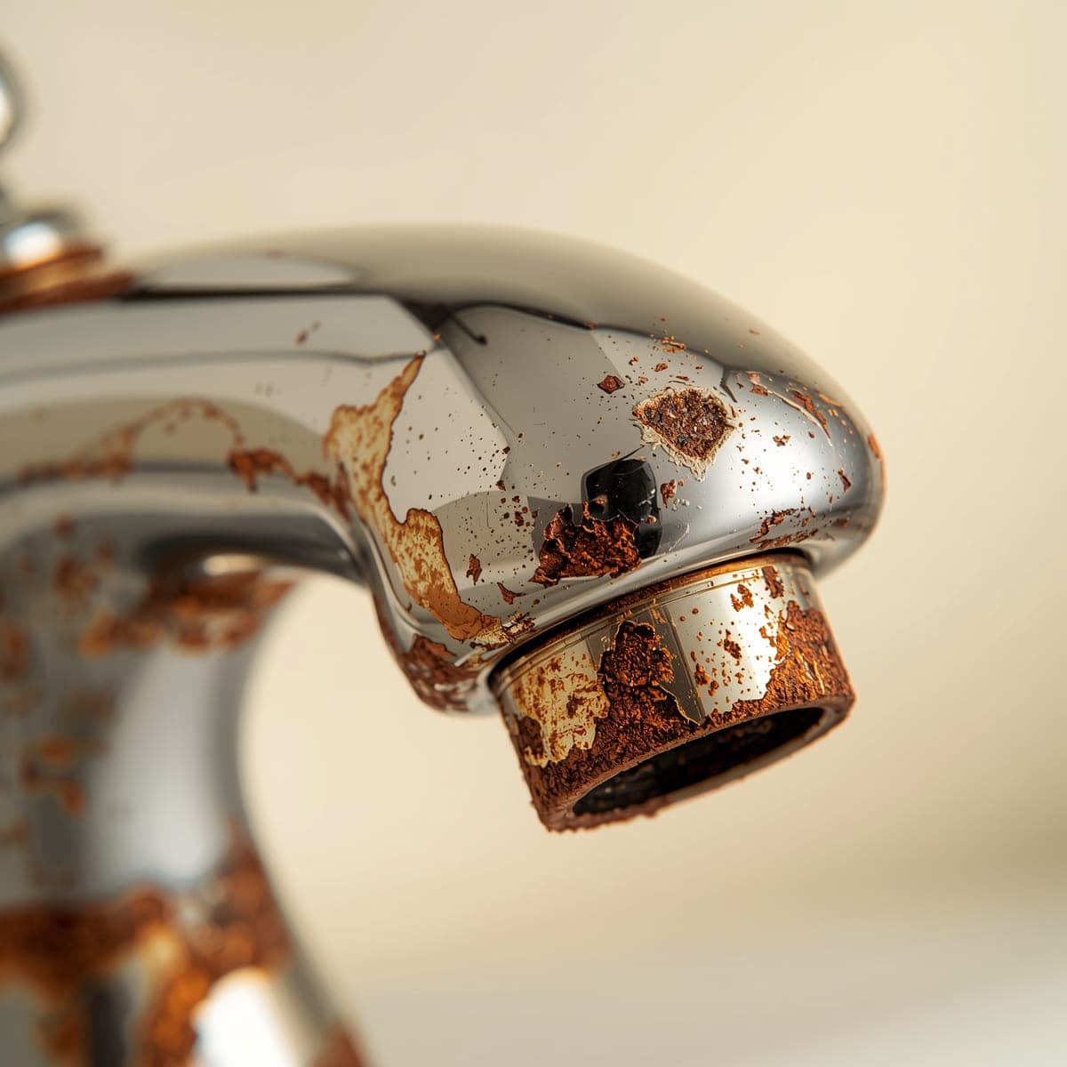 Close-up of a chrome bathroom tap with heavy scale and rust corrosion on the spout — what untreated water does to premium fittings