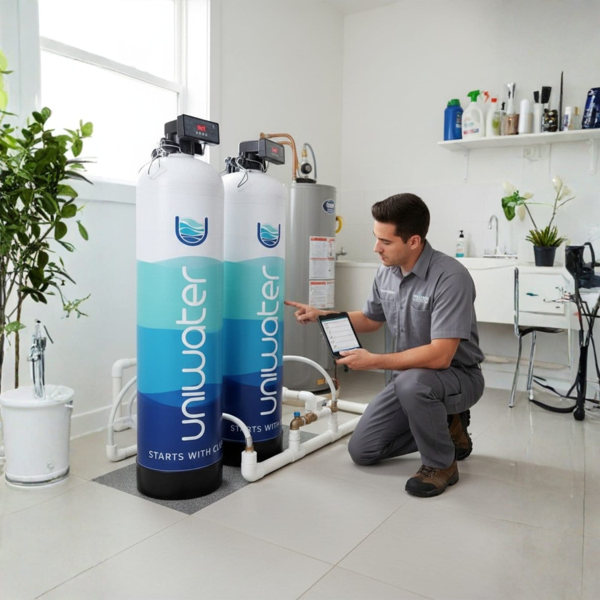 Uniwater engineer reviewing a service checklist at the system