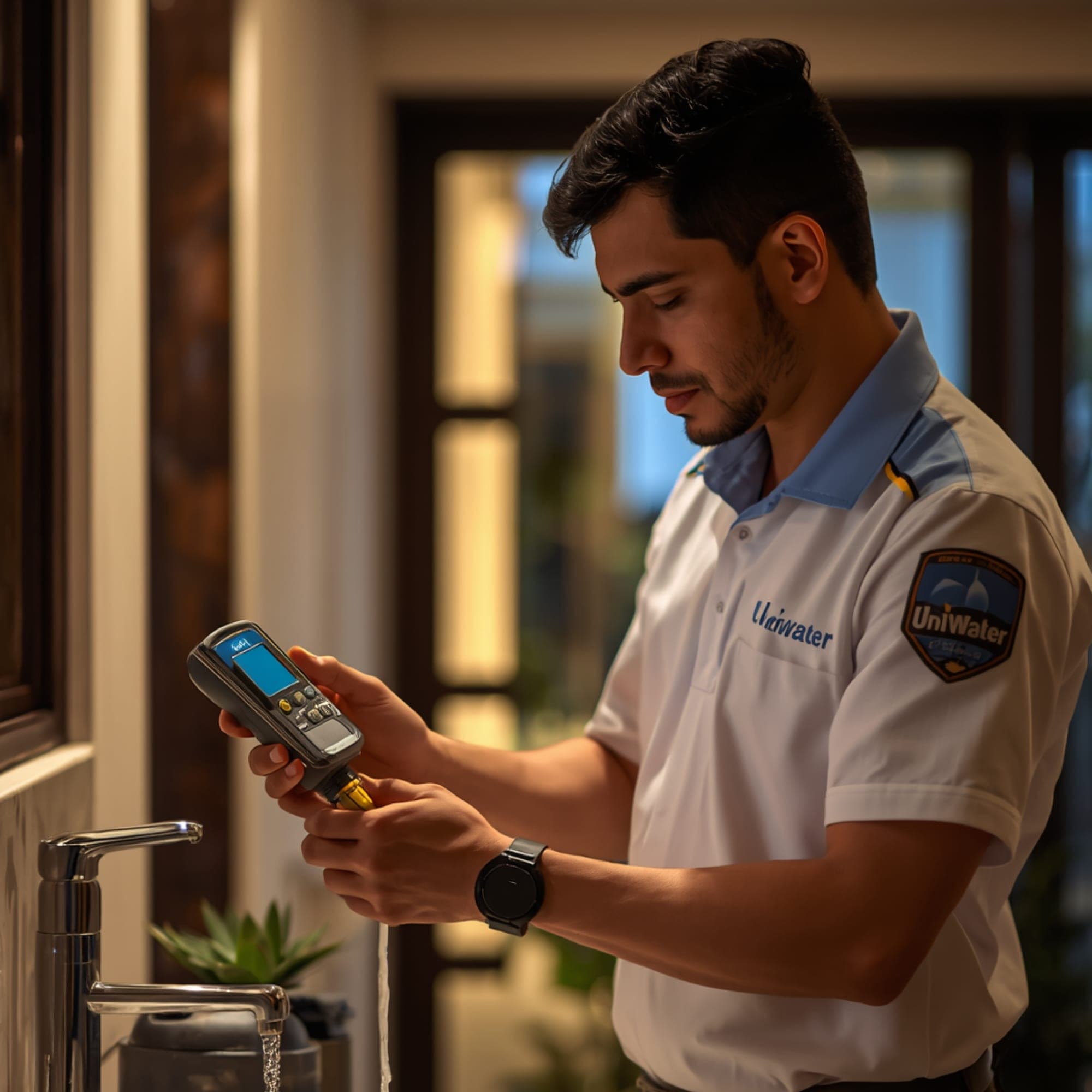 Uniwater engineer checking pressure during the monthly service visit