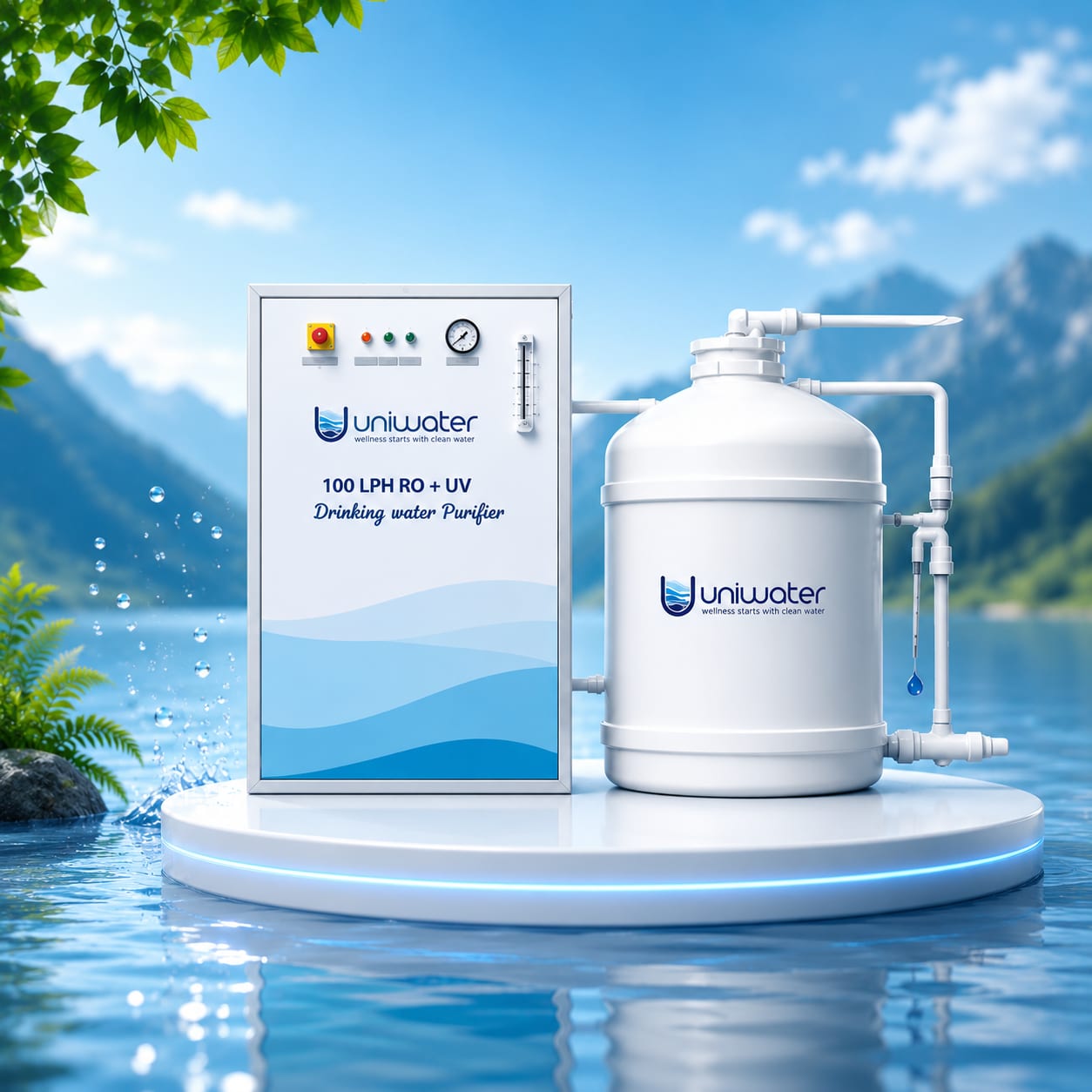 Uniwater 100 LPH RO + UV drinking-water plant and dispensing tank on a circular pedestal, set against East Nepal's mountains and lake -- the on-site system every DWaaS contract installs.