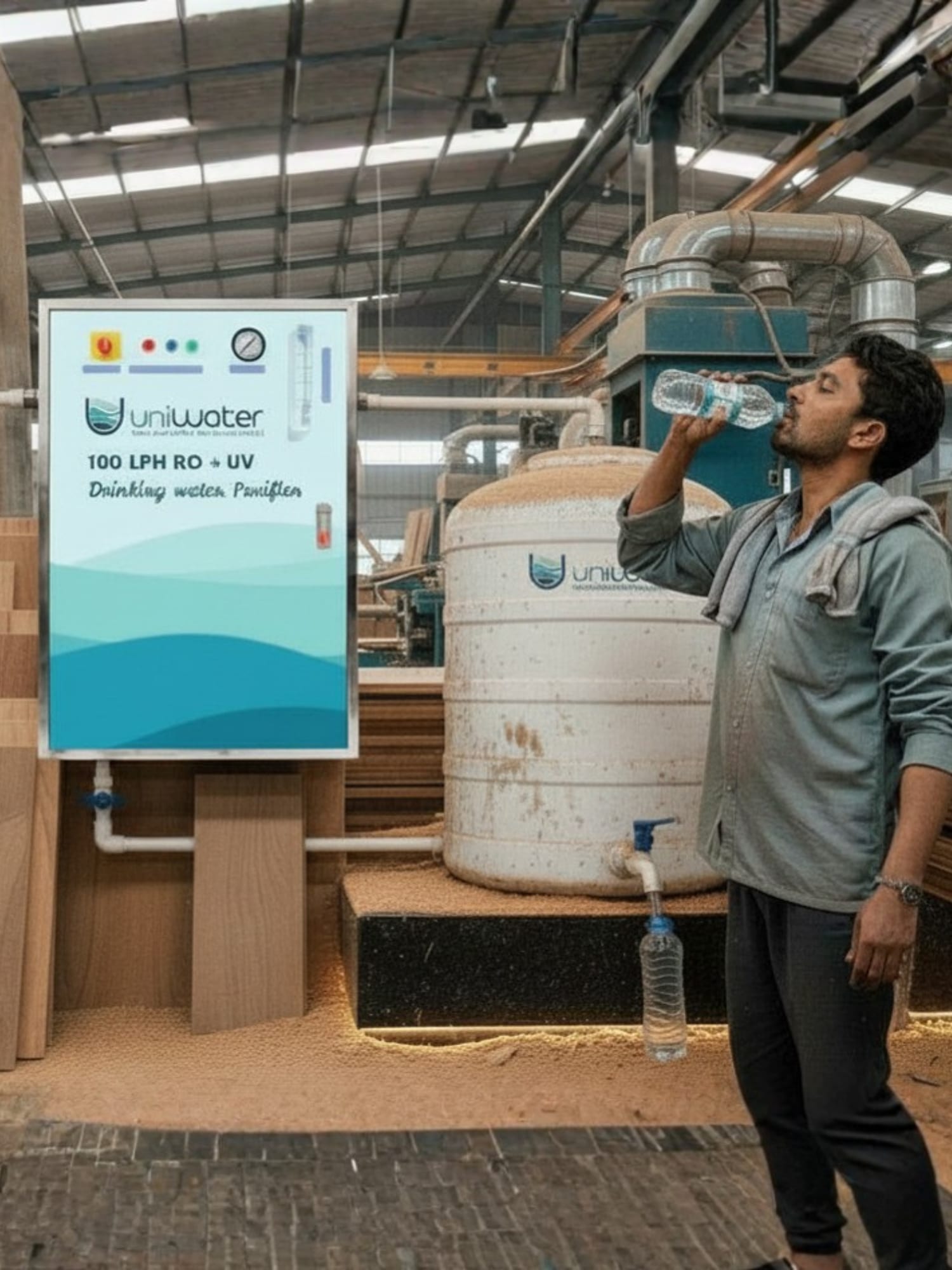 A worker drinking from a bottle filled at a branded Uniwater 100 LPH RO + UV drinking-water plant with its dispensing tank, in a commercial site -- exactly the system every DWaaS contract puts in.