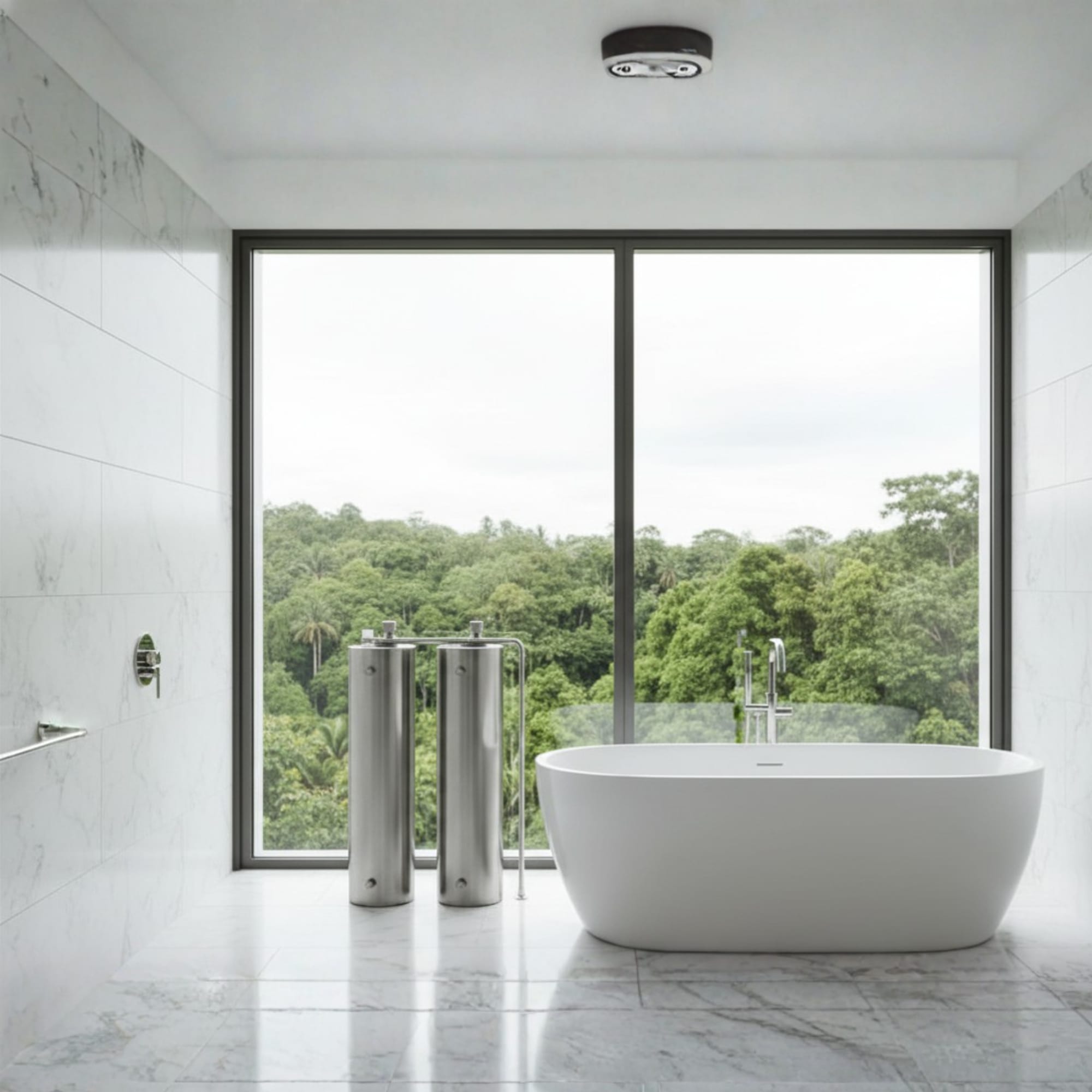Bathroom filter — floor-mounted vessel in a finished bathroom corner