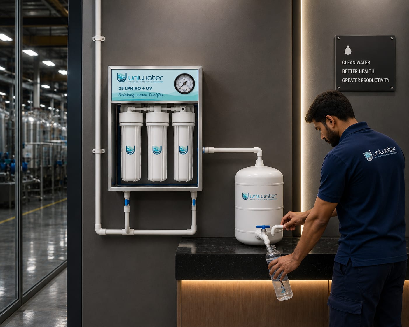 A Uniwater engineer in branded uniform dispensing drinking water from a wall-mounted 25 LPH RO + UV plant at a commercial site -- the monthly preventive visit in action.