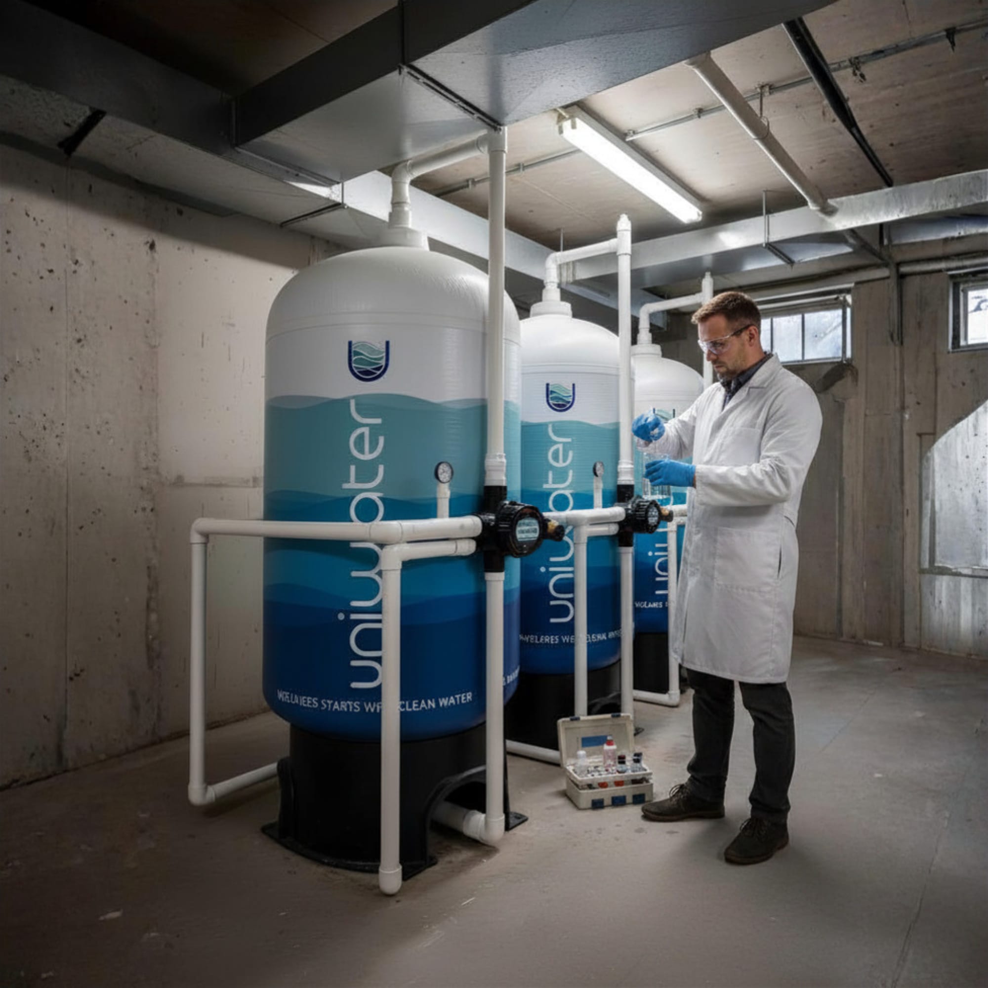 Uniwater engineer in branded uniform performing on-site water parameter test at a system in a customer's utility room