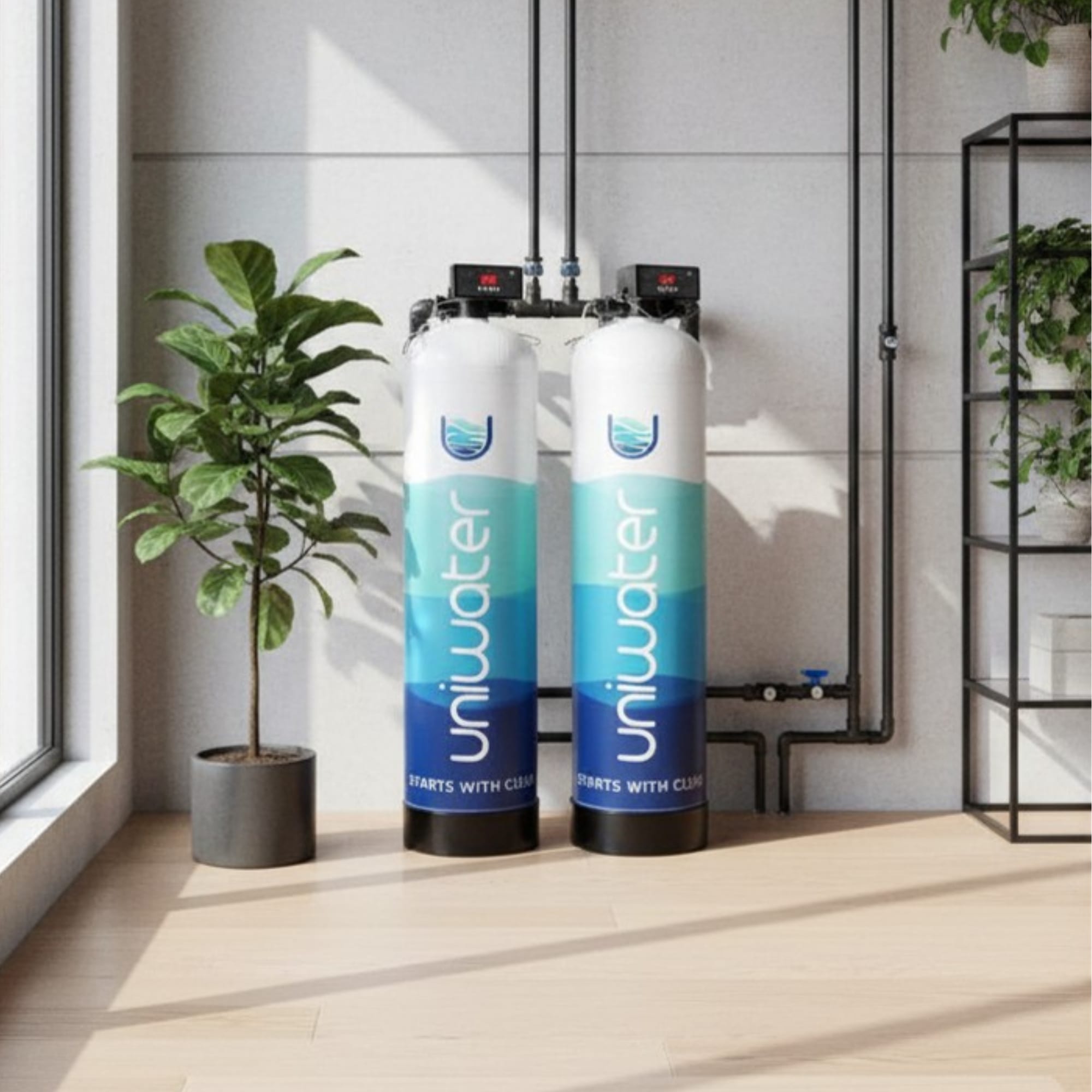 HomeSoft whole-house water filter — two branded Uniwater vessels installed in a finished home corner near windows and plants