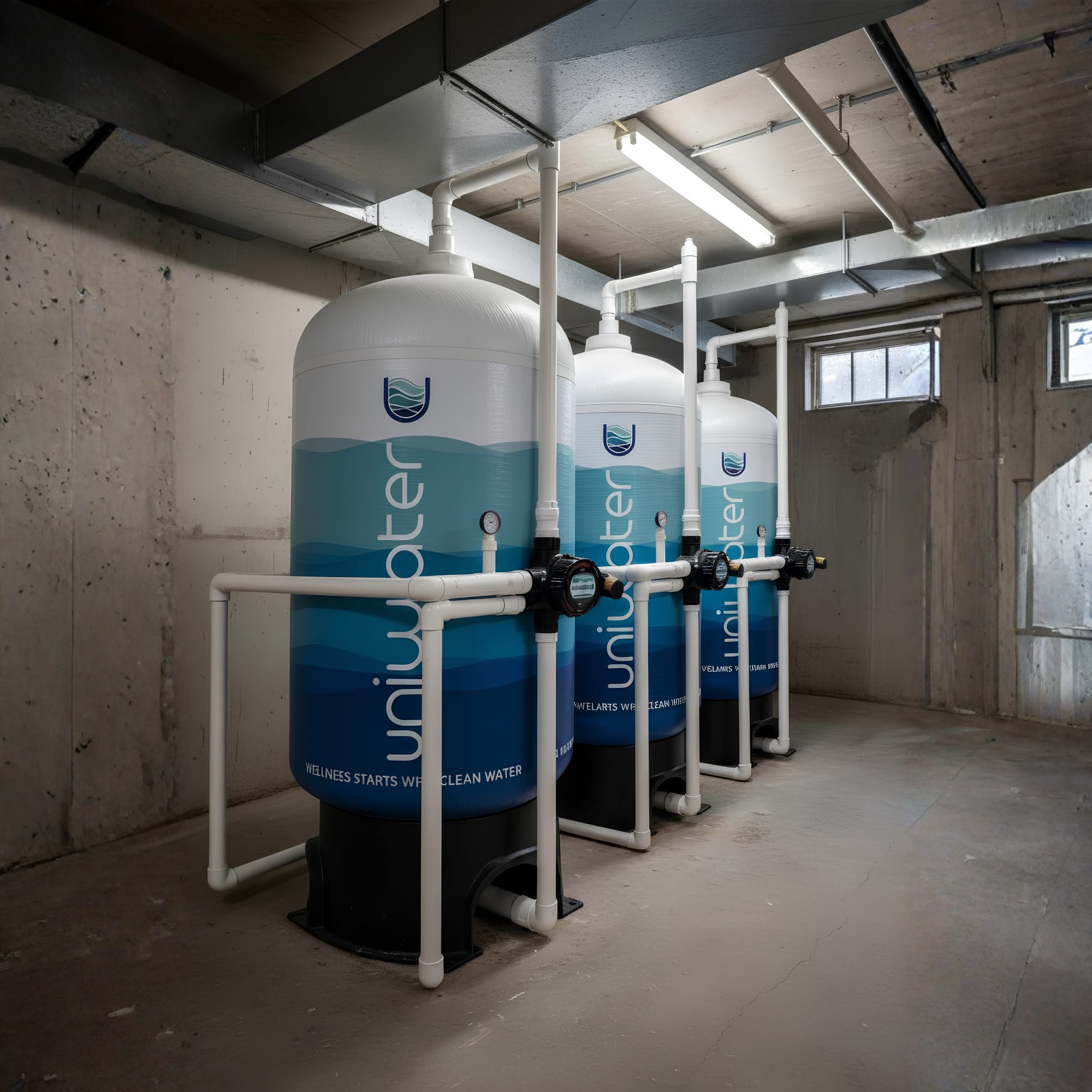 Building water-treatment plant — three branded Uniwater vessels in a basement plant room with overhead piping
